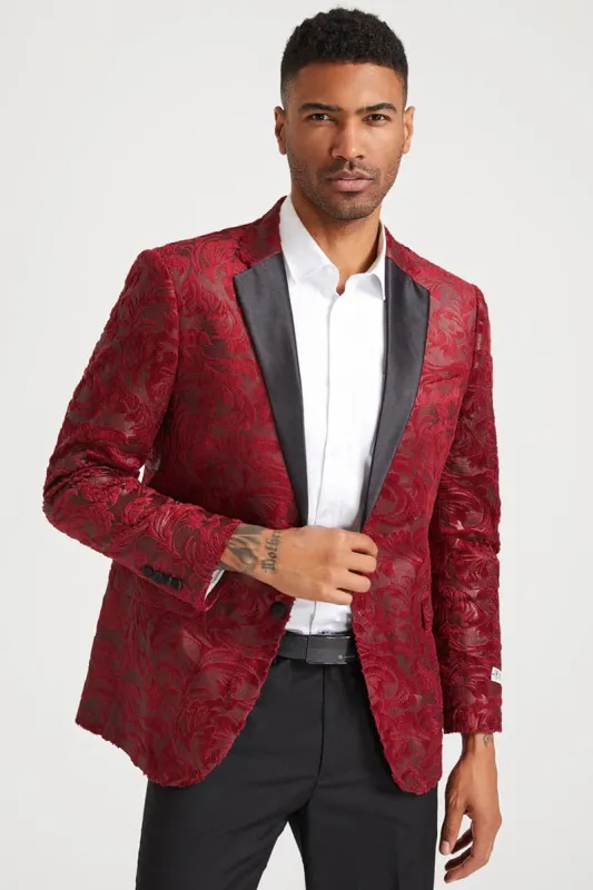Black and Red Suit Men's Stacy Adam's Paisley Velvet Prom & Wedding Tuxedo Jacket in Red sold by Alberto Nardoni