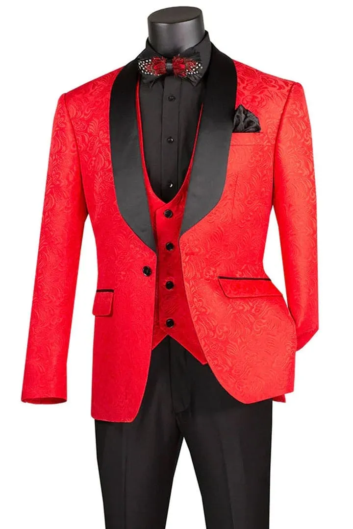Black and Red Suit Men's Slim Fit Vested Paisley Wedding Tuxedo in Red sold by Alberto Nardoni