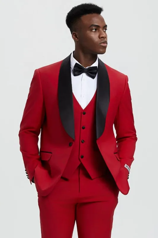 Black and Red Suit Men's Stacy Adams Vested One Button Shawl Lapel Designer Tuxedo in Red made by Alberto Nardoni