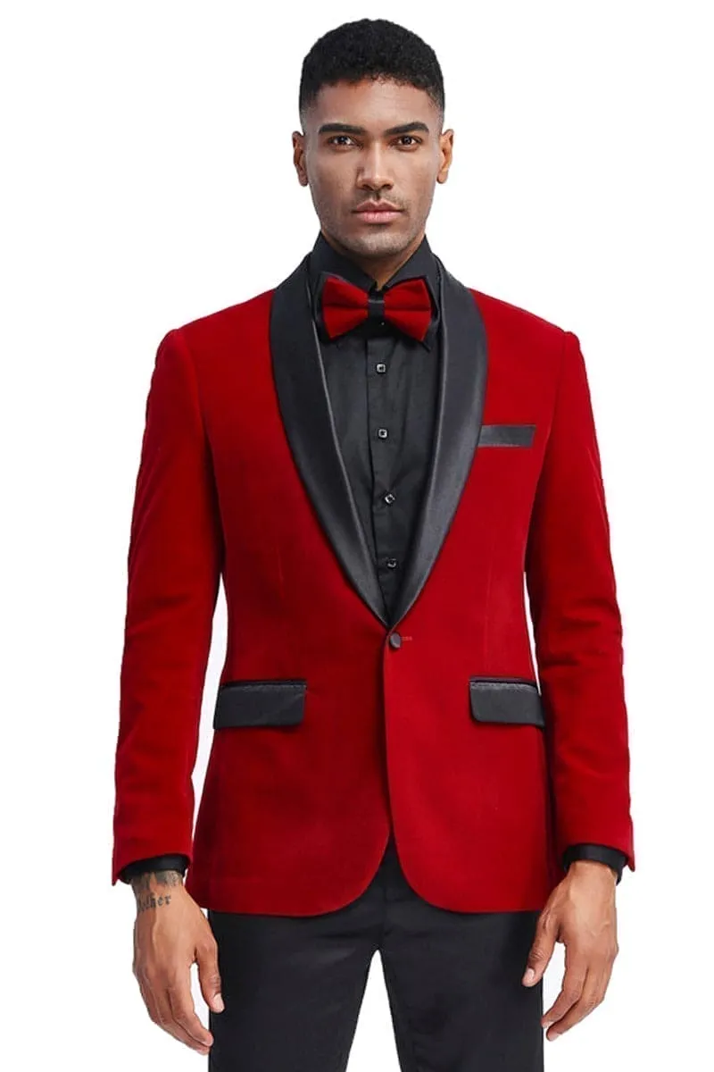 Black and Red Suit Men's Slim Fit Shawl Lapel Velvet Wedding & Prom Tuxedo Jacket in Red sold by Alberto Nardoni