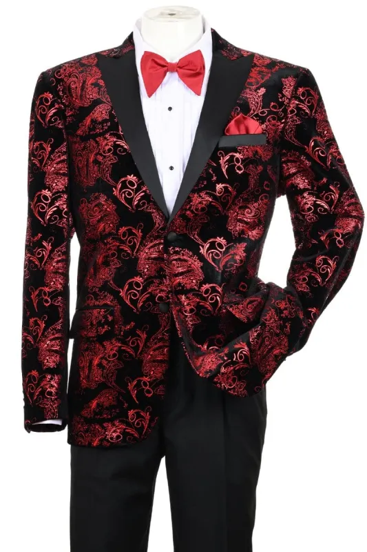 Black and Red Suit Men's Modern Fit Velvet Floral Paisley Foil Tuxedo Jacket in Red & Black sold by Alberto Nardoni