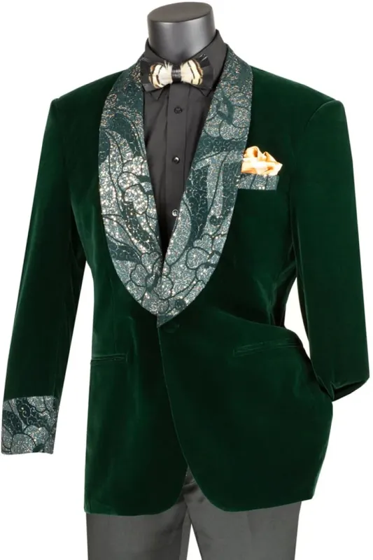 Dark Green Tuxedo - Mens Velvet Prom Smoking Jacket with Fancy Paisley Emerald hunter Green Tuxedo made by Alberto Nardoni