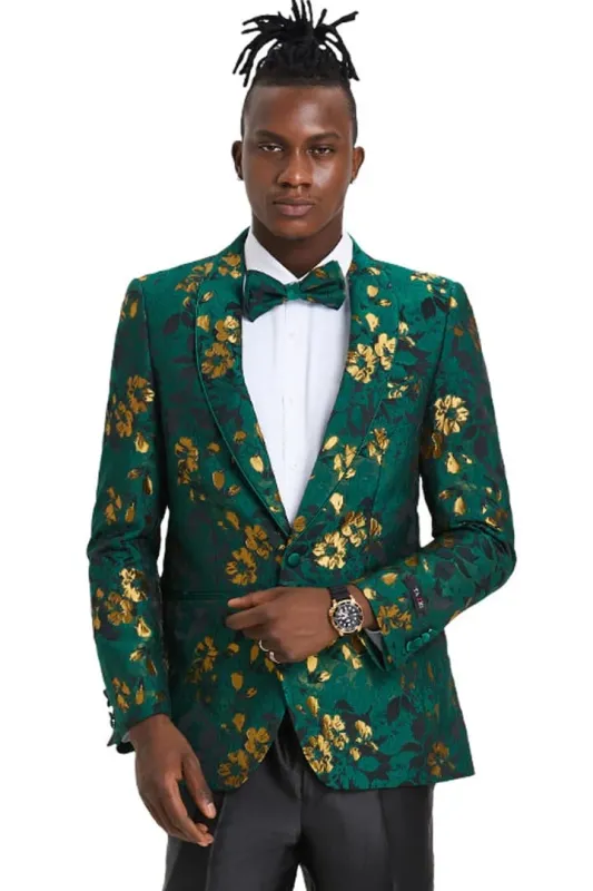 Dark Green Tuxedo - Men's Slim Fit Paisley Foil Print Prom & Wedding Hunter Green Dinner Jacket sold by Alberto Nardoni