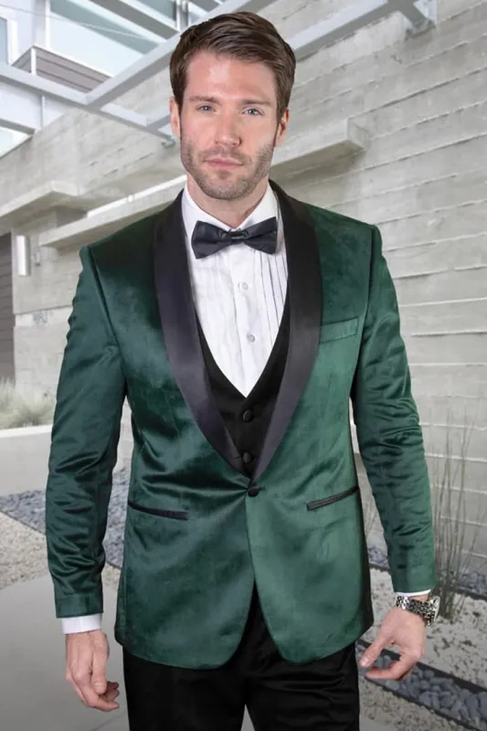 Dark Green Tuxedo - Men's Designer Vested Velvet Wedding & Prom Hunter green Tuxedo sold by Alberto Nardoni