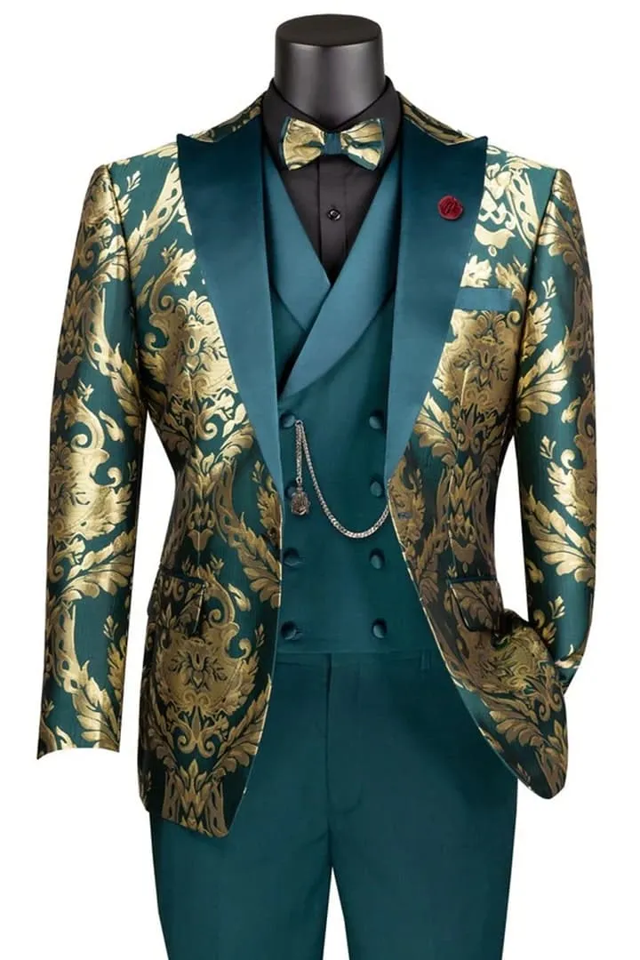 Dark Green Tuxedo - Men's Shiny Paisley Jacquard Vested Wedding Emerald green Prom Tuxedo sold by Alberto Nardoni product image thumbnail 3