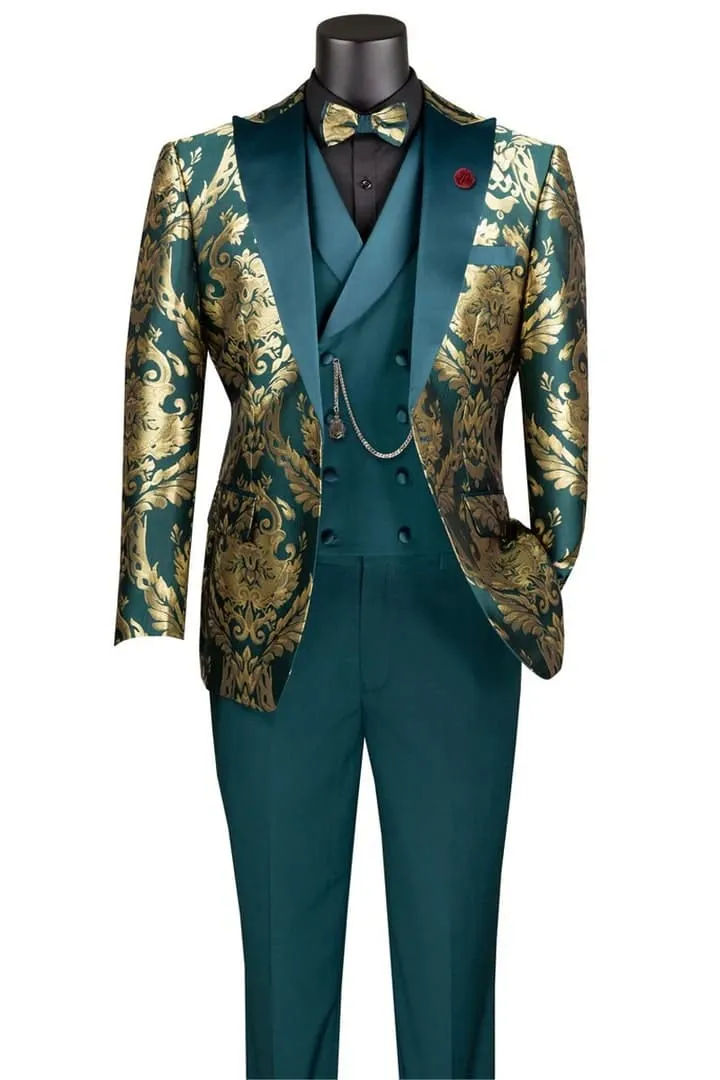 Dark Green Tuxedo - Men's Shiny Paisley Jacquard Vested Wedding Emerald green Prom Tuxedo sold by Alberto Nardoni product image thumbnail 2