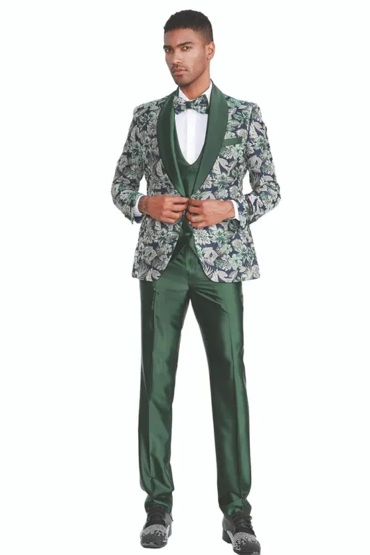 Dark Green Tuxedo - Men's Slim Fit One Button Vested Paisley Shawl Hunter Green Tuxedo sold by Alberto Nardoni