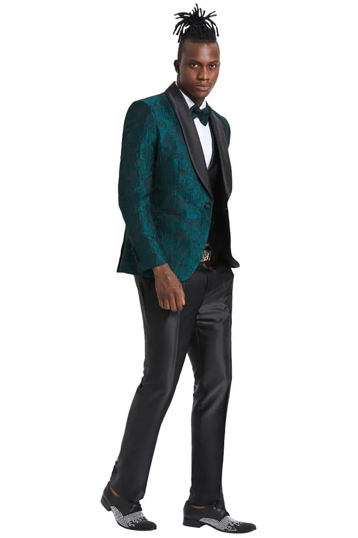 Dark Green Tuxedo - Men's One Button Slim Fit Shiny Paisley Floral Vested Hunter Green Pro Tuxedo sold by Alberto Nardoni