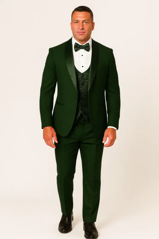 Dark Green Tuxedo - Men's Modern Fit Wedding & Prom Shawl Matching Hunter Green Tuxedo sold by Alberto Nardoni
