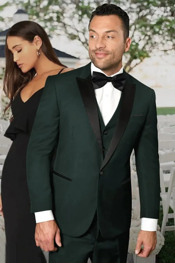 Dark Green Tuxedo - Men's Vested One Button Peak Lapel Designer Hunter green Tuxedo sold by Alberto Nardoni