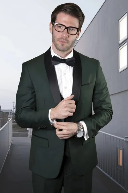 Dark Green Tuxedo - Men's Designer Wool One Button Shawl Lapel Hunter Green Wedding Tuxedo sold by Alberto Nardoni