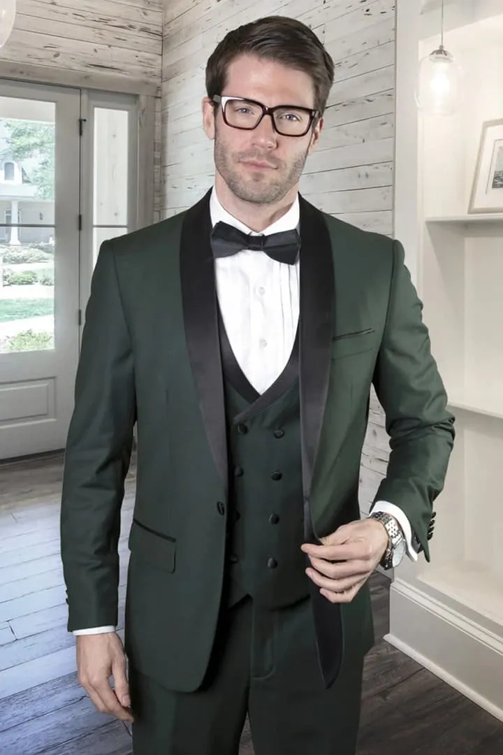 Dark Green Tuxedo - Men's Designer Wool Shawl Double Breasted Hunter green Vest sold by Alberto Nardoni