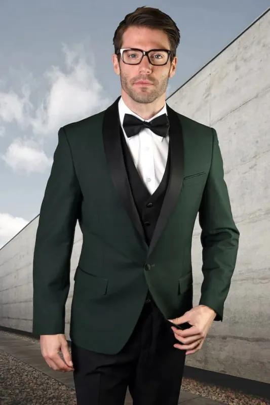 Dark Green Tuxedo - Men's Vested Classic Dinner Jacket Wedding Hunter Green Tuxedo sold by Alberto Nardoni