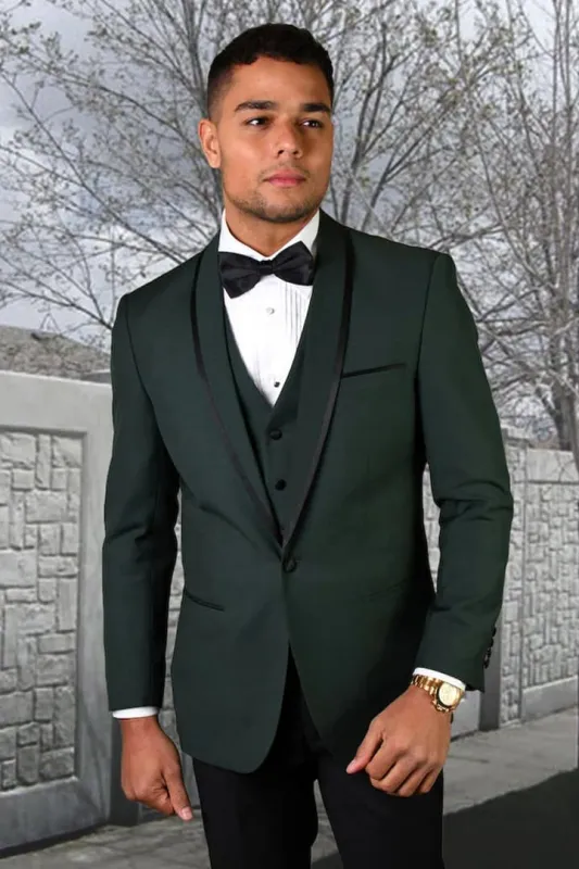 Dark Green Tuxedo - Men's Designer Vested Satin Trim Shawl Wedding Hunter Green Prom Tuxedo sold by Alberto Nardoni