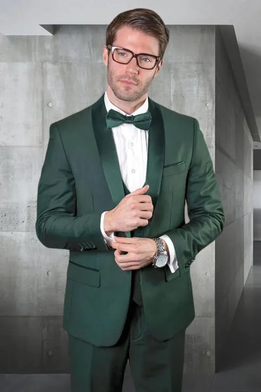 Dark Green Tuxedo - Men's Designer Wool One Button Shawl Lapel Wedding Hunter Green Tuxedo sold by Alberto Nardoni