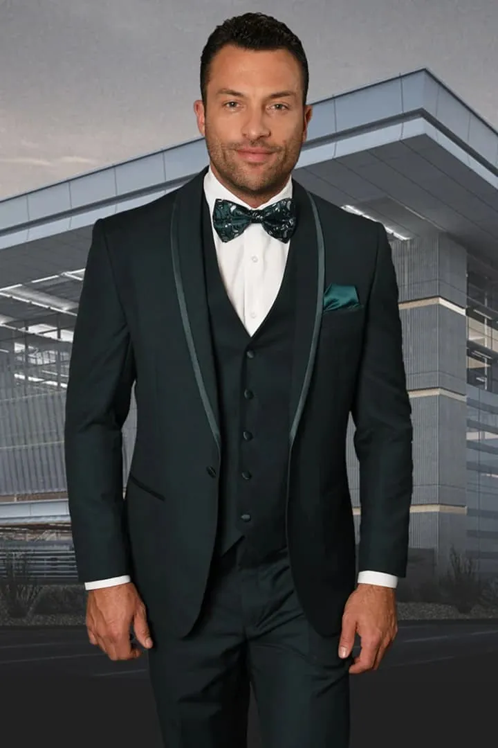 Dark Green Tuxedo - Men's Vested Satin Trim Shawl Wedding & Prom Hunter Green Tuxedo sold by Alberto Nardoni