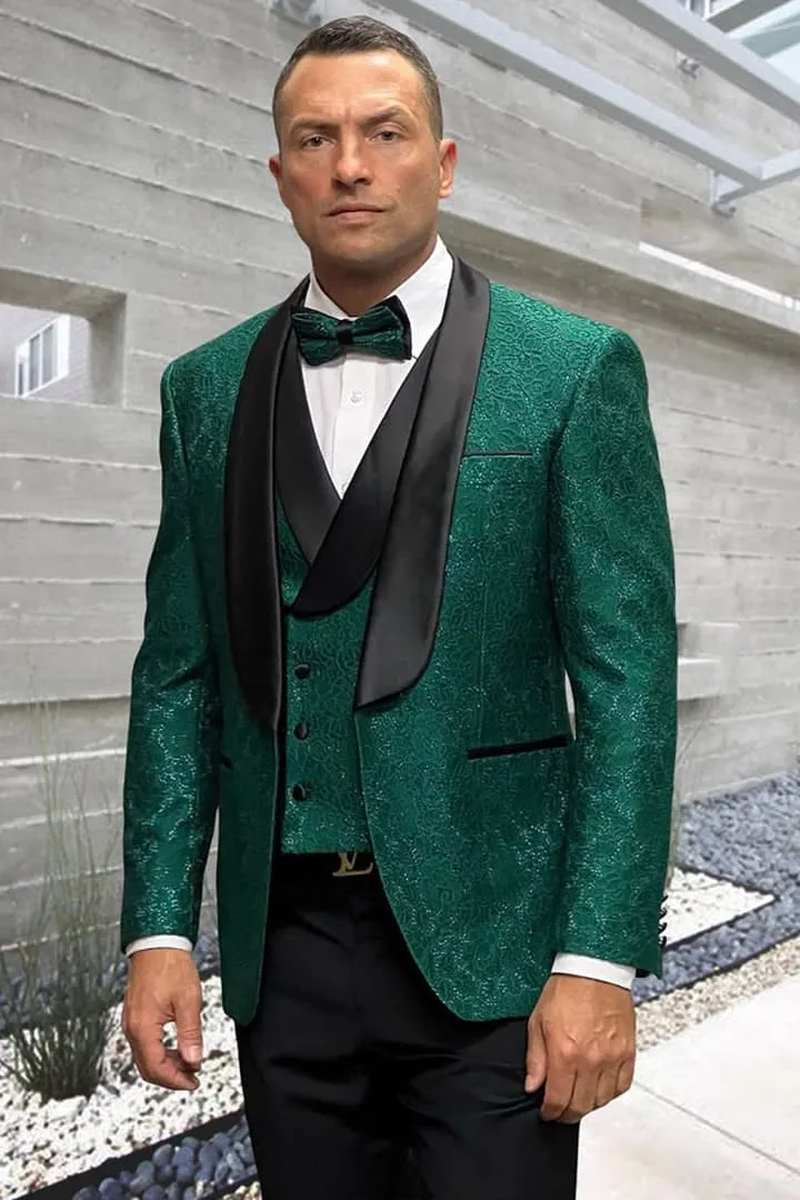 Dark Green Tuxedo - Men's Designer Vested Floral Lace Wedding Hunter Green Tuxedo sold by Alberto Nardoni