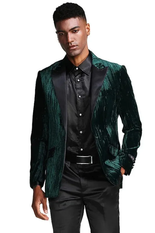 Dark Green Tuxedo - Men's Textured Velvet Prom Hunter Green Jacket Tuxedo sold by Alberto Nardoni