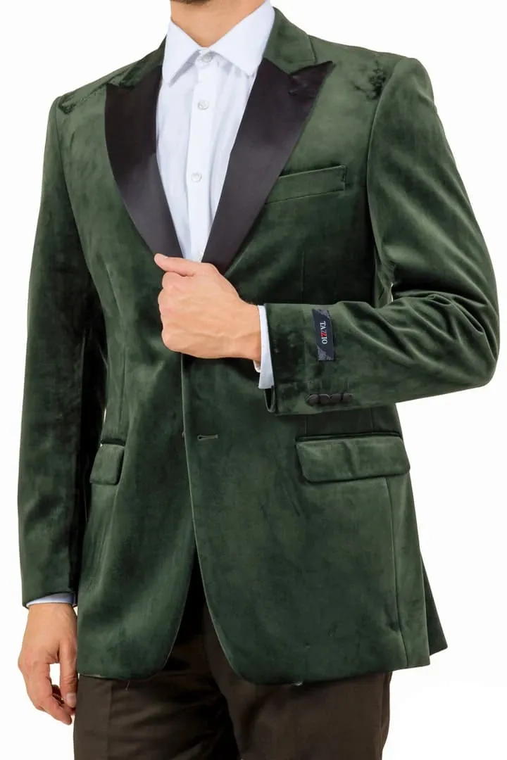 Dark Green Tuxedo - Men's Two Button Peak Lapel Velvet Wedding & Prom Olive Green Tuxedo Jacket sold by Alberto Nardoni