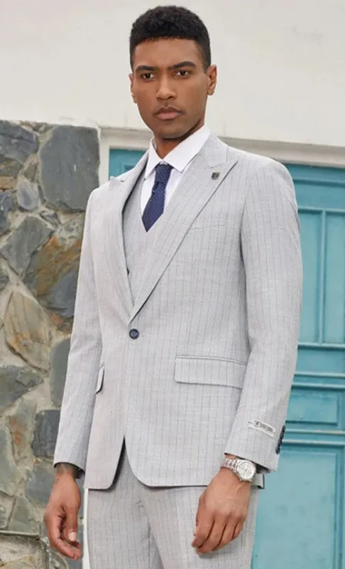 Mens Grey Pinstripe Suit - One Button Peak Lapel Gray Pinstripe Suit Light Grey sold by Alberto Nardoni