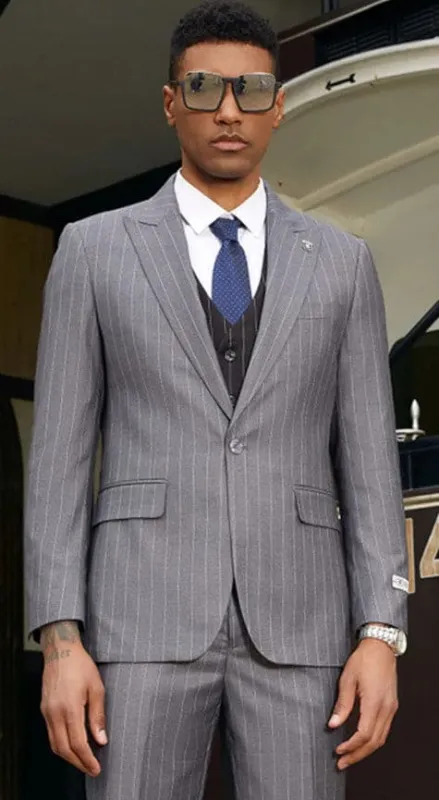 Mens Grey Pinstripe Suit Modern Suit in Grey - Gray Pinstripe Suit sold by Alberto Nardoni