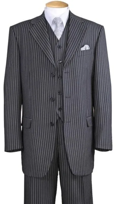 Mens Grey Pinstripe Suit Gangster Pinstripe Vested Suit Notch Lapel Matching Vest - Gray Pinstripe Suit sold by Alberto Nardoni