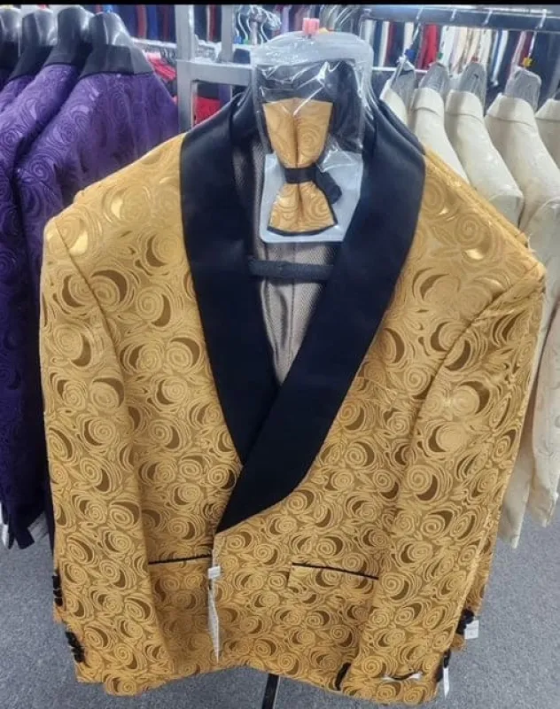Paisley Tuxedo Dinner Jacket - Gold Mens Blazer + Bowtie - Prom Jackets made by Alberto Nardoni
