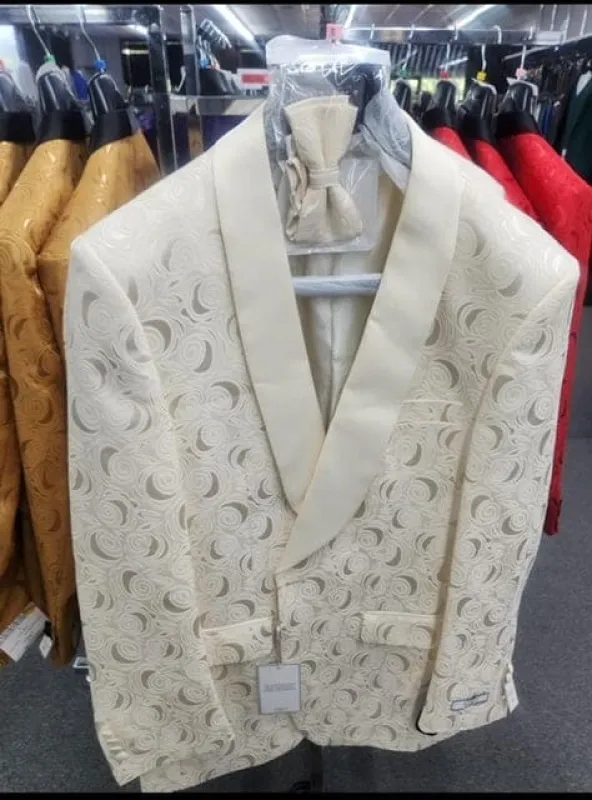 Paisley Tuxedo Dinner Jacket - Ivory - Cream - Off White Mens Blazer + Bowtie - Prom Jackets sold by Alberto Nardoni