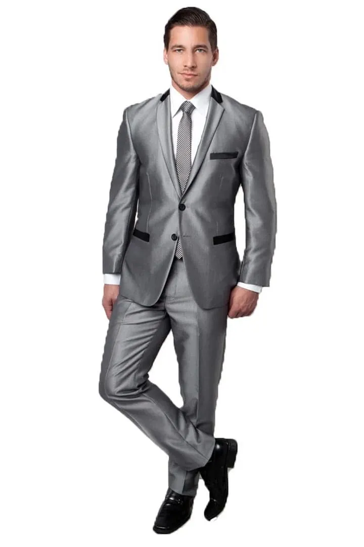 Men's Two Button Slim Fit Shiny Sharkskin Contrast Collar and Trim Silver Grey Suit sold by Alberto Nardoni product image thumbnail 2