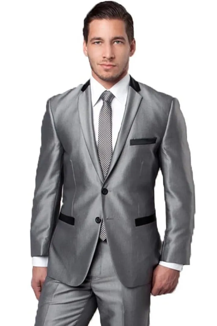 Men's Two Button Slim Fit Shiny Sharkskin Contrast Collar and Trim Silver Grey Suit sold by Alberto Nardoni