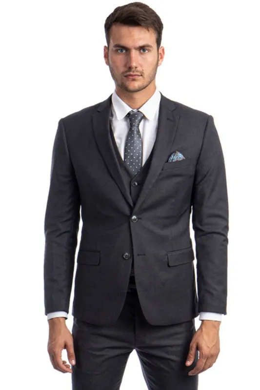 Men's Two Button Slim Fit Vested Solid Basic Color Suit in Charcoal Grey sold by Alberto Nardoni