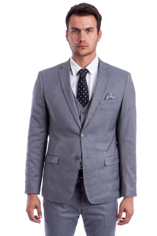 Men's Two Button Slim Fit Vested Solid Basic Color Suit in Medium Grey sold by Alberto Nardoni