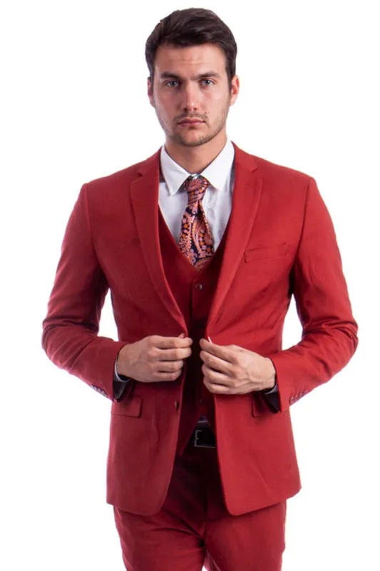 Men's Two Button Slim Fit Vested Solid Basic Color Suit in Brick sold by Alberto Nardoni