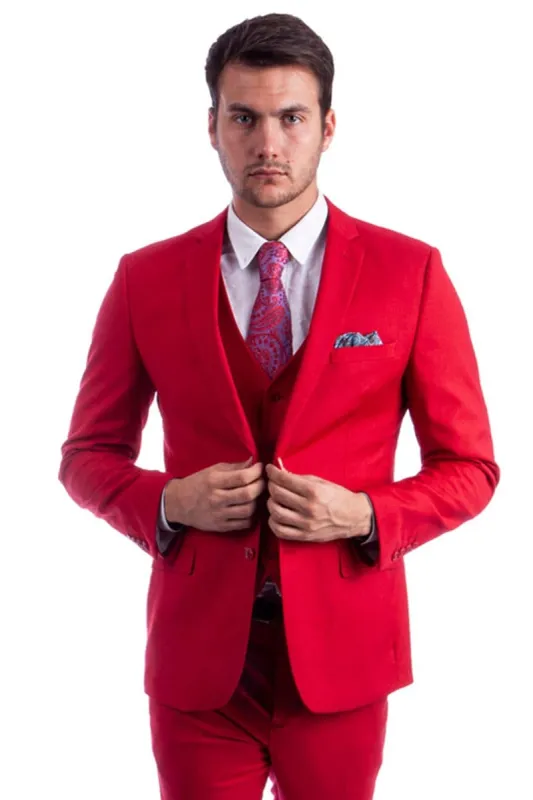 Men's Two Button Slim Fit Vested Solid Basic Color Suit in Red sold by Alberto Nardoni