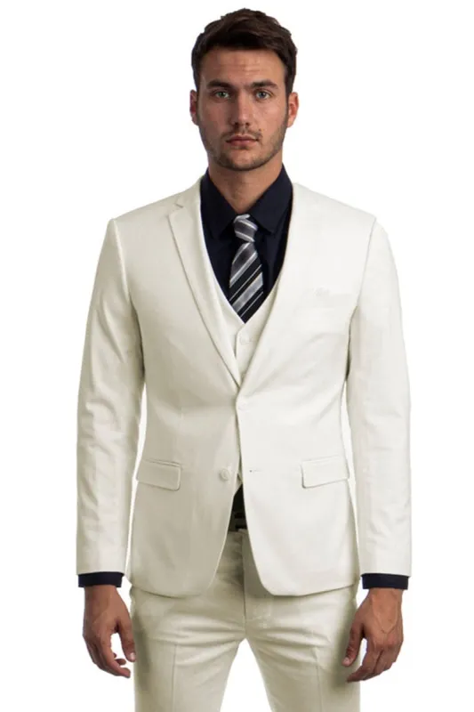 Men's Two Button Slim Fit Vested Solid Basic Color Suit in Ivory sold by Alberto Nardoni