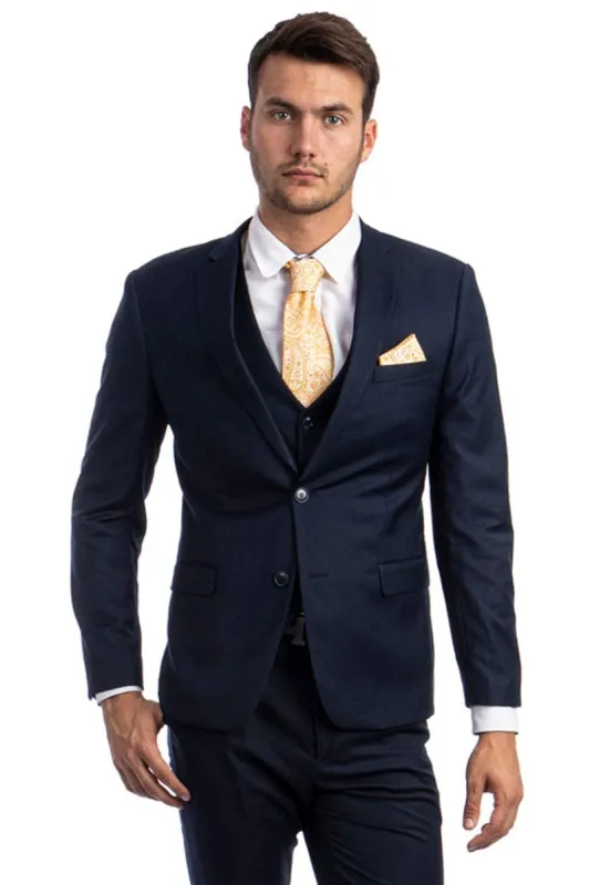Men's Two Button Slim Fit Vested Solid Basic Color Suit in Navy Blue sold by Alberto Nardoni
