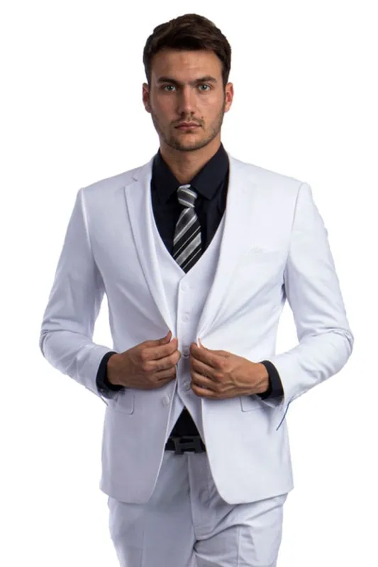 Men's Two Button Slim Fit Vested Solid Basic Color Suit in White sold by Alberto Nardoni