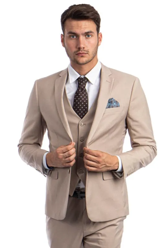 Men's Two Button Slim Fit Vested Solid Basic Color Suit in Medium Tan sold by Alberto Nardoni