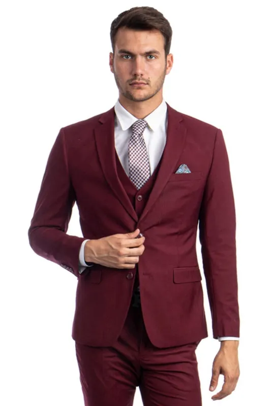 Men's Two Button Slim Fit Vested Solid Basic Color Suit in Burgundy sold by Alberto Nardoni