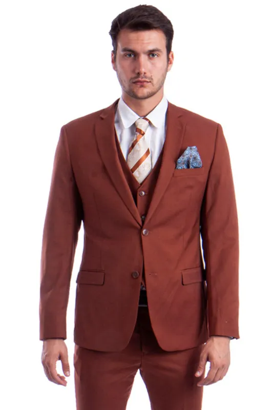 Graduation Suit - Men's Two Button Slim Fit Vested Solid Basic Color Suit in Light Brown Rust sold by Alberto Nardoni