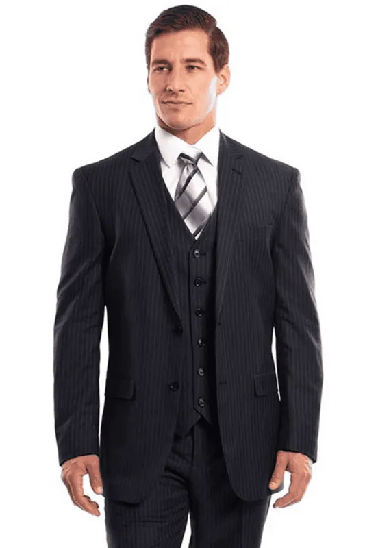 Navy Blue Pinstripe For Men's Two Button Vested Business Suit in Navy Blue Pinstripe sold by Alberto Nardoni