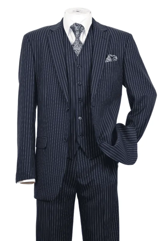 Navy Blue Pinstripe For Mens 2 Button Vested Bold Pinstripe Gangster Suit in Navy sold by Alberto Nardoni