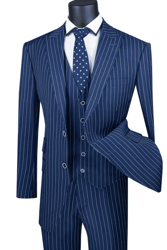 Navy Blue Pinstripe For Mens Vested Bold Gangster Pinstripe Suit in Navy Blue sold by Alberto Nardoni