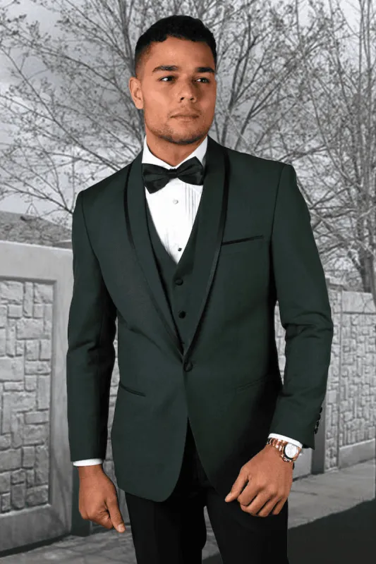 Men's Designer Vested Satin Trim Shawl Wedding & Prom Tuxedo in Hunter Green sold by Alberto Nardoni