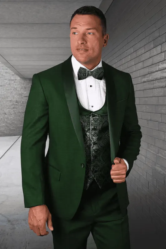 Men's Modern Fit Wedding & Prom Shawl Tuxedo with Matching Paisley Vest Set in Hunter Green made by Alberto Nardoni