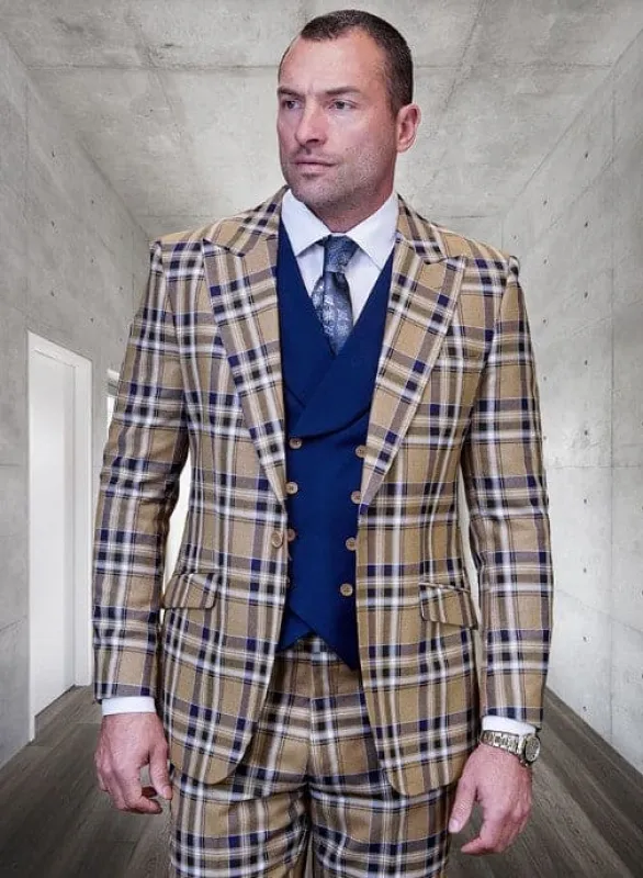 Statement Confidence Designer Suit - Camel Khaki Color Windowpane - Super 150's Wool Suit 1 Button Peak Lapel Double Breasted Vest Tan and Blue Mixture Color Perfect Fro Church made by Alberto Nardoni