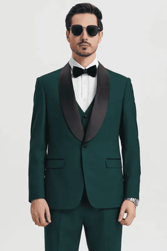 Men's Stacy Adams Vested One Button Shawl Lapel Designer Tuxedo in Hunter Green sold by Alberto Nardoni