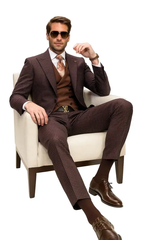 Brown Plaid Suit - Copper - Orange - Rust Color Double Breasted Vest Windowpane Pattern Suit - Wool Suit - Peak Lapel Side Vented Modern Fit made by Alberto Nardoni