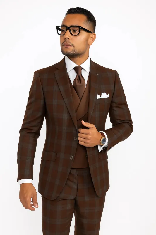 Brown Plaid Suit - Copper - Orange - Rust Color Windowpane Pattern Suit - Wool Suit - Notch Lapel Side Vented Modern Fit sold by Alberto Nardoni