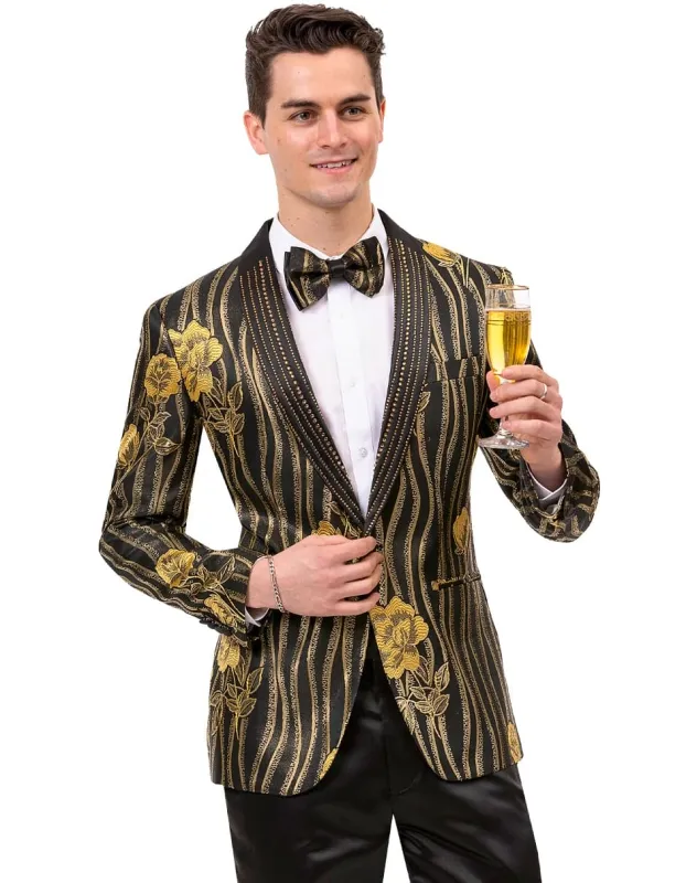 Mens Paisley Jeweled Shawl Prom Tuxedo Besom Pockets Black and Gold Blazer made by Alberto Nardoni